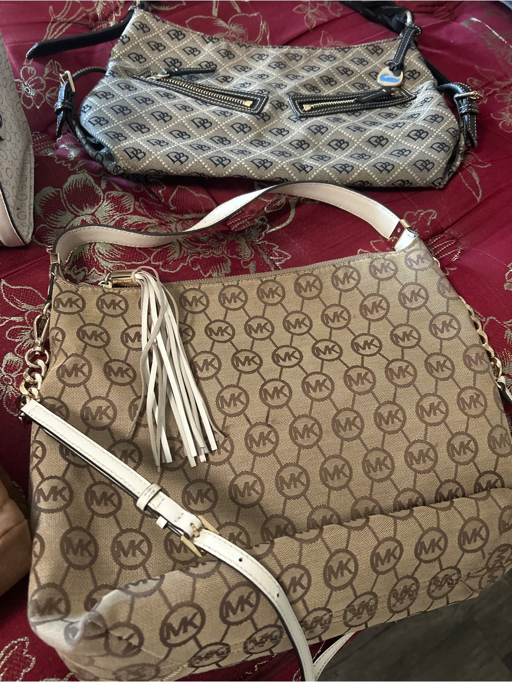 Michael Kors Tan Signature MK Tassel Shoulder Bag with White Trim